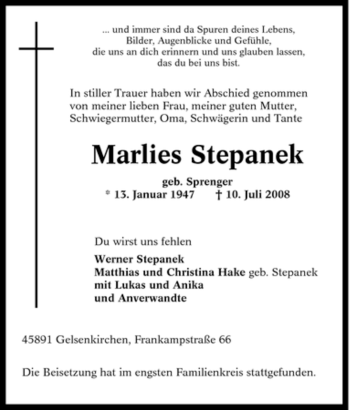 Traueranzeige von Marlies Stepanek von Tageszeitung