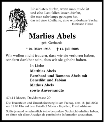 Traueranzeige von Marlies Abels von Tageszeitung