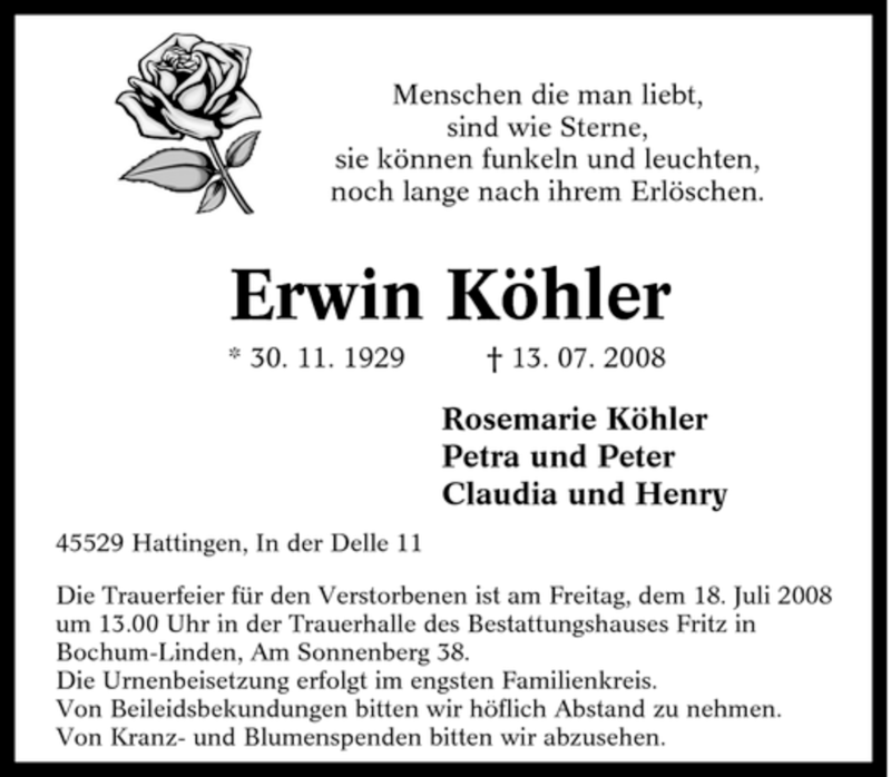  Traueranzeige für Erwin Köhler vom 16.07.2008 aus Tageszeitung