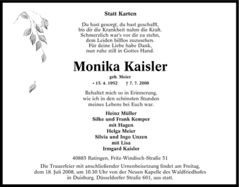 Traueranzeige von Monika Kaisler von Tageszeitung