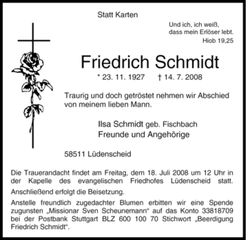 Traueranzeige von Friedrich Schmidt von Tageszeitung