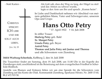 Traueranzeige von Hans Otto Petry von Tageszeitung