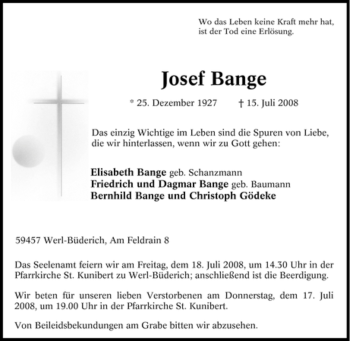 Traueranzeige von Josef Bange von Tageszeitung
