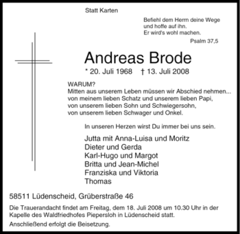 Traueranzeige von Andreas Brode von Tageszeitung