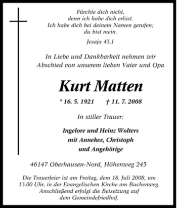 Traueranzeige von Kurt Matten von Tageszeitung