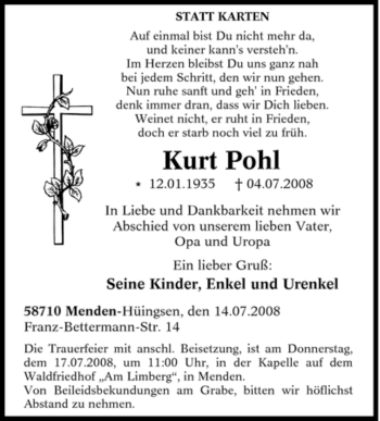 Traueranzeige von Kurt Pohl von Tageszeitung