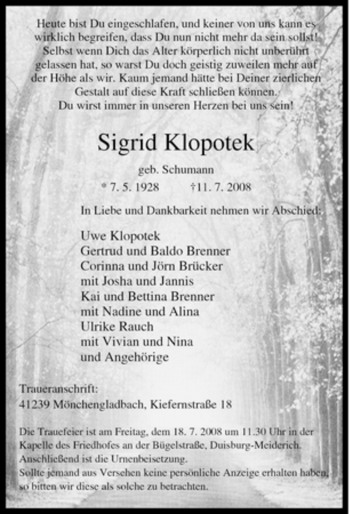 Traueranzeige von Sigrid Klopotek von Tageszeitung