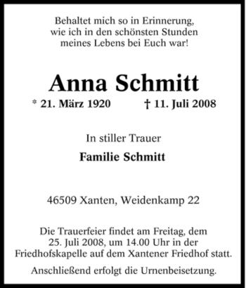 Traueranzeige von Anna Schmitt von Tageszeitung