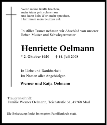 Traueranzeige von Henriette Oelmann von Tageszeitung