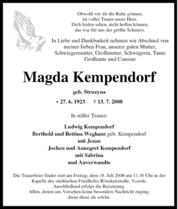 Traueranzeige von Magda Kempendorf von Tageszeitung