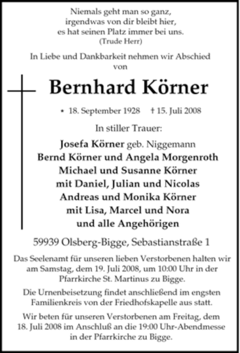 Traueranzeige von Bernhard Körner von Tageszeitung