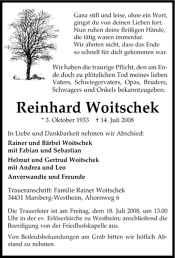 Traueranzeige von Reinhard Woitschek von Tageszeitung