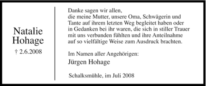  Traueranzeige für Natalie Hohage vom 16.07.2008 aus Tageszeitung