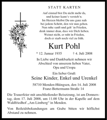 Traueranzeige von Kurt Pohl von Tageszeitung