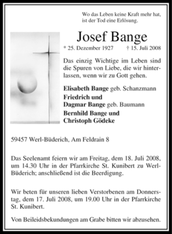 Traueranzeige von Josef Bange von Tageszeitung