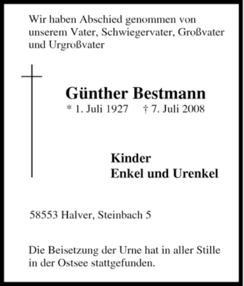 Traueranzeige von Günther Bestmann von Tageszeitung