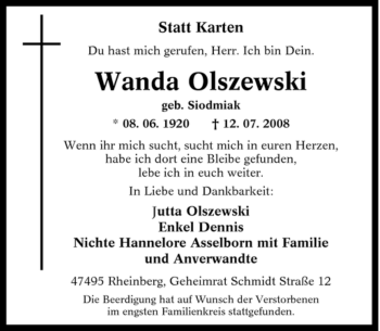 Traueranzeige von Wanda Olszewski von Tageszeitung