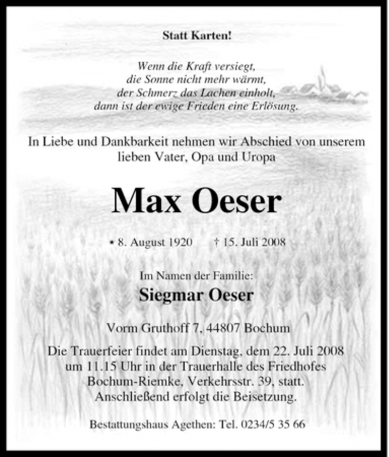 Traueranzeigen von Max Oeser TrauerinNRW.de