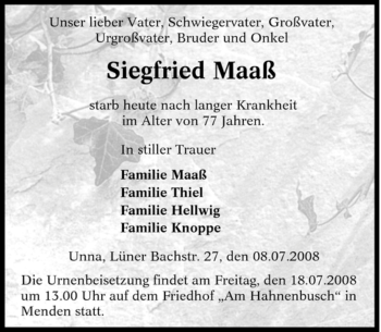 Traueranzeige von Siegfried Maaß von Tageszeitung