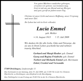 Traueranzeige von Lucia Emmel von Tageszeitung