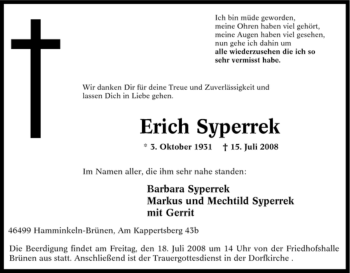 Traueranzeige von Erich Syperrek von Tageszeitung
