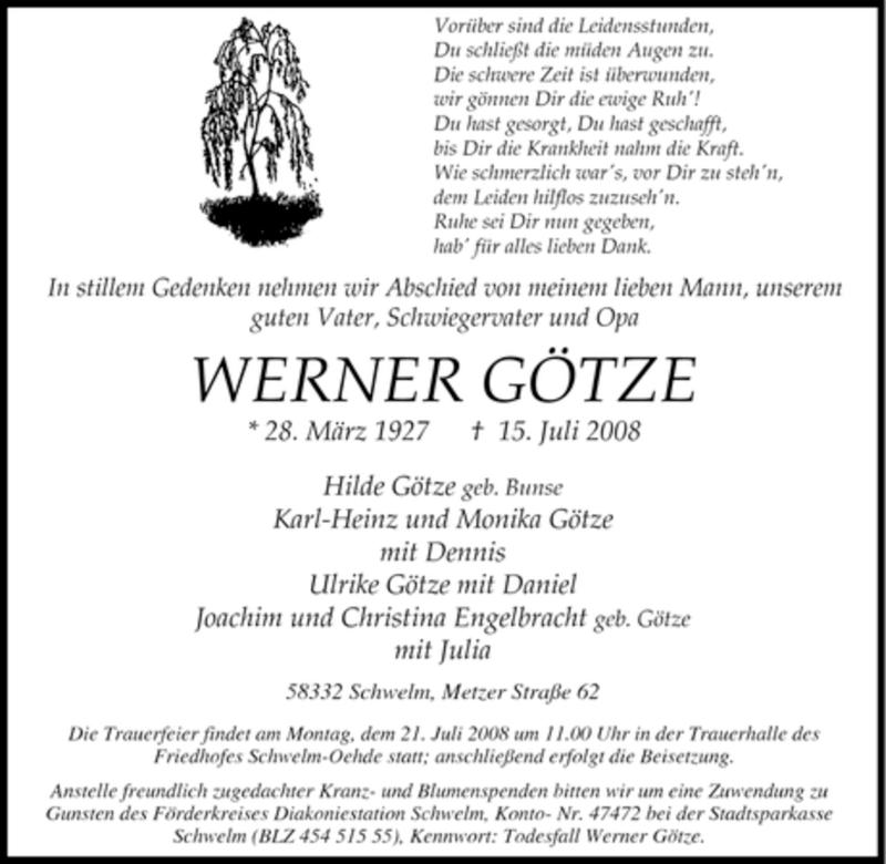  Traueranzeige für Werner Götze vom 17.07.2008 aus Tageszeitung