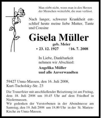 Traueranzeige von Gisela Müller von Tageszeitung