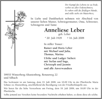 Traueranzeige von Anneliese Leber von Tageszeitung