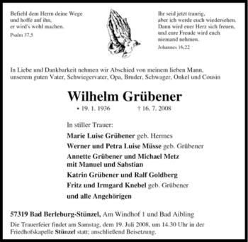 Traueranzeige von Wilhelm Grübener von Tageszeitung