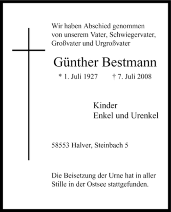Traueranzeige von Günther Bestmann von Tageszeitung
