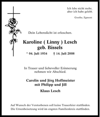 Traueranzeige von Karoline ( Linny ) Lesch von Tageszeitung