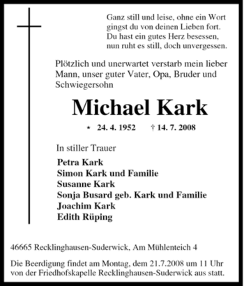 Traueranzeige von Michael Kark von Tageszeitung