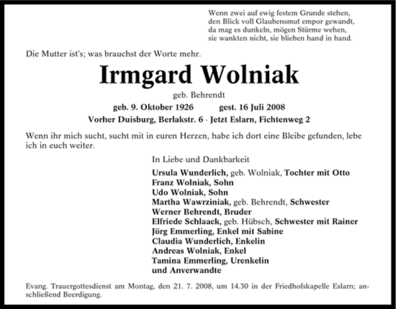  Traueranzeige für Irmgard Wolniak vom 18.07.2008 aus Tageszeitung