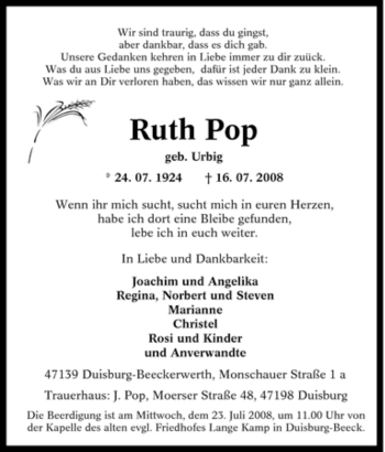 Traueranzeige von Ruth Pop von Tageszeitung