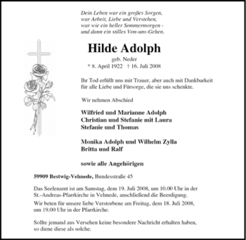 Traueranzeige von Hilde Adolph von Tageszeitung