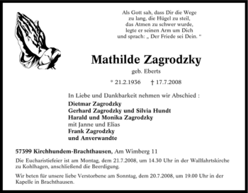Traueranzeige von Mathilde Zagrodzky von Tageszeitung