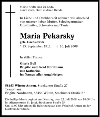 Traueranzeige von Maria Pekarsky von Tageszeitung