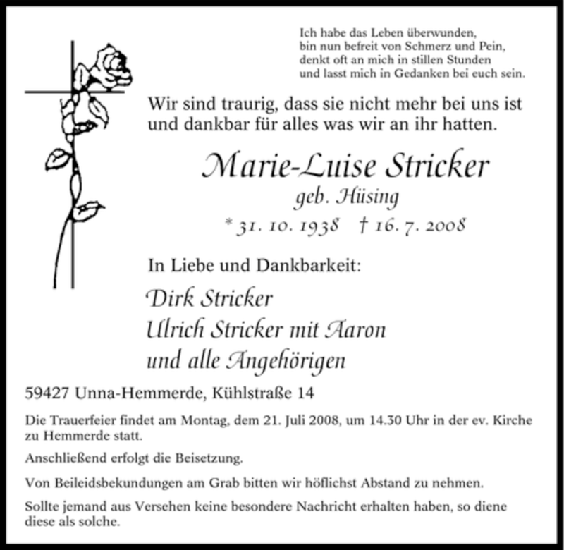  Traueranzeige für Marie-Luise Stricker vom 18.07.2008 aus Tageszeitung