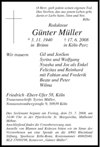 Traueranzeige von Günter Müller von Tageszeitung
