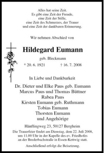 Traueranzeige von Hildegard Eumann von Tageszeitung