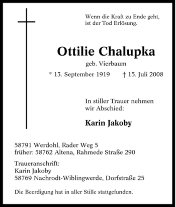 Traueranzeige von Ottilie Chalupka von Tageszeitung