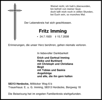 Traueranzeige von Fritz Imming von Tageszeitung