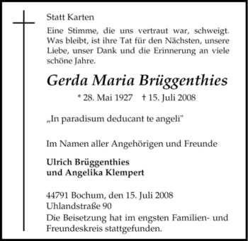 Traueranzeige von Gerda Maria Brüggenthies von Tageszeitung