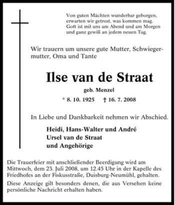 Traueranzeige von Ilse van de Straat von Tageszeitung