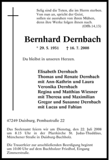Traueranzeige von Bernhard Dernbach von Tageszeitung