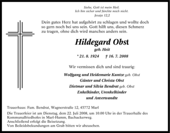 Traueranzeige von Hildegard Obst von Tageszeitung