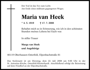 Traueranzeige von Maria van Heek von Tageszeitung