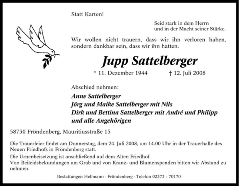  Traueranzeige für Jupp Sattelberger vom 19.07.2008 aus Tageszeitung