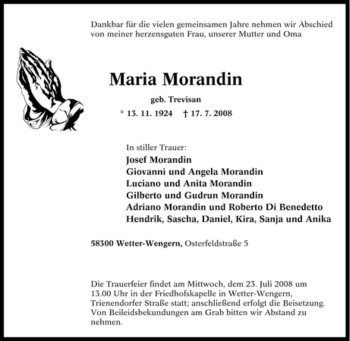 Traueranzeige von Maria Morandin von Tageszeitung