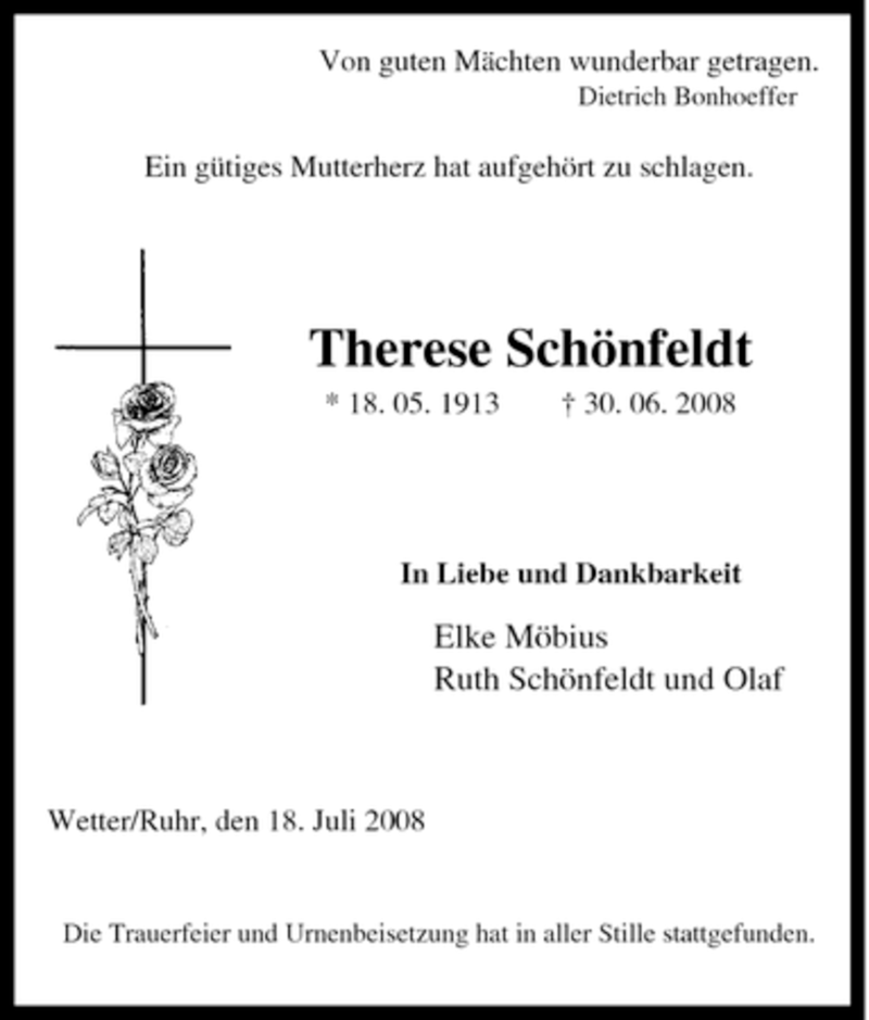  Traueranzeige für Therese Schönfeldt vom 19.07.2008 aus Tageszeitung